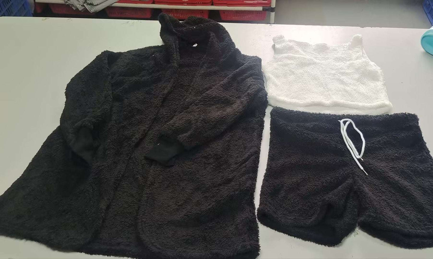Cozy black 3 piece women's sleepwear set including plush hoodie, tank top, and shorts