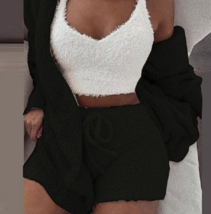Cozy 3 piece women's sleepwear set with white fuzzy tank top and black shorts and cardigan