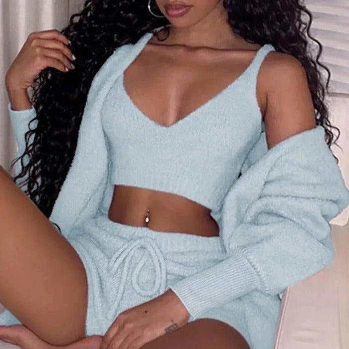 Cozy light blue 3 piece women's sleepwear set with crop top, shorts, and cardigan in soft fabric