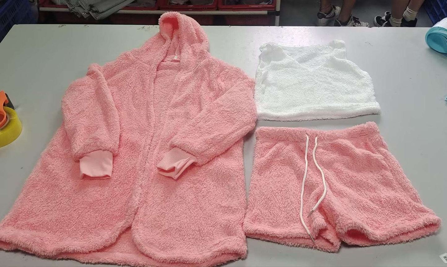 Cozy 3 piece women's sleepwear set with pink hooded robe, white tank top, and pink shorts
