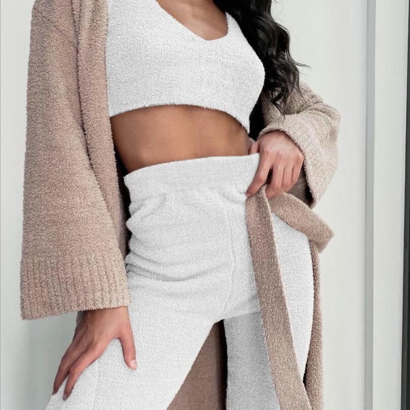 Cozy 3 piece women's sleepwear set with white soft crop top, pants, and beige cardigan