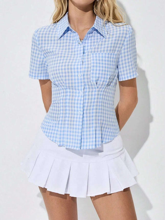 Light blue and white gingham women's button-up summer top with short sleeves and collar