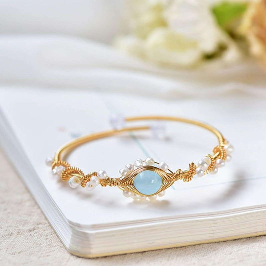 Elegant gold wire bracelet with blue stone and small pearls fashion pearl bracelet for women