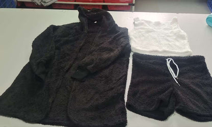 Cozy black 3 piece women's sleepwear set including plush hoodie, tank top, and shorts