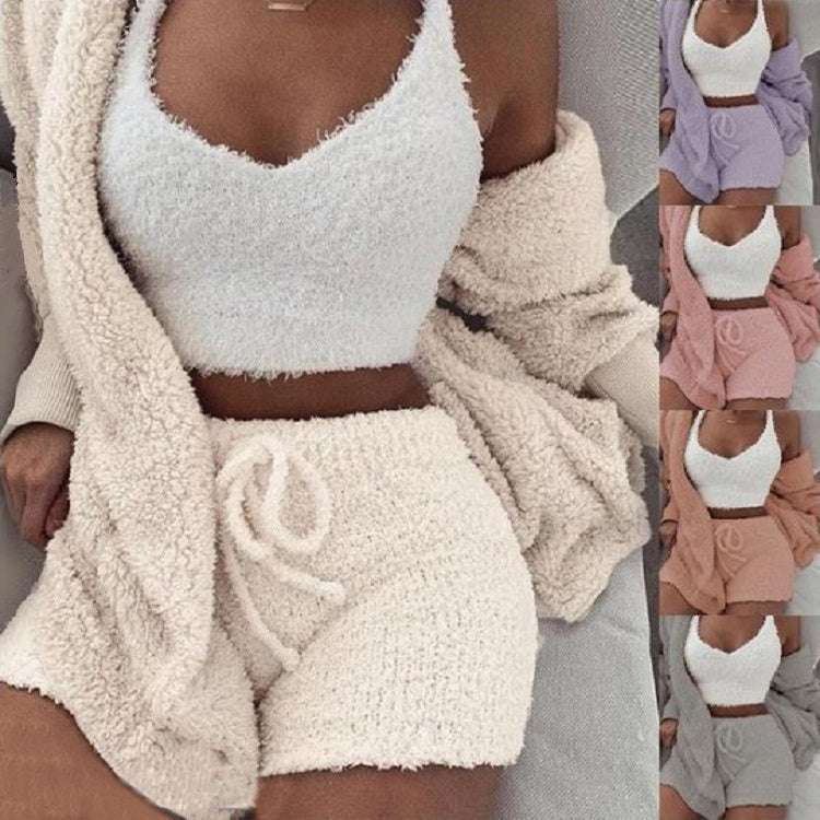 Cozy 3 piece women's sleepwear set with fluffy tank top, shorts, and matching cardigan in neutral color